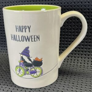 Tag Novelty Happy Halloween Mug Gnome on a Bicycle & Bats Green